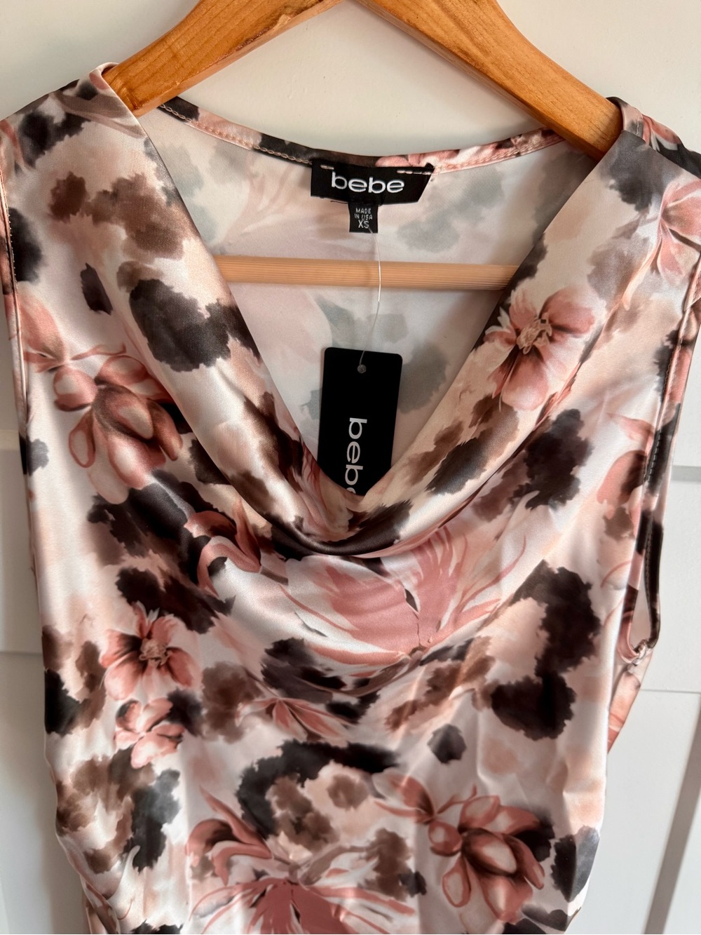 NWT Bebe XS Printed Satin Floral Cowl Neck Maxi Dress Ivory Multi - Picture 5 of 7